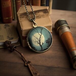 2/$88 Halloween One of a kind Custom Whimsical Locket Harvest Moon & Tree Spooky